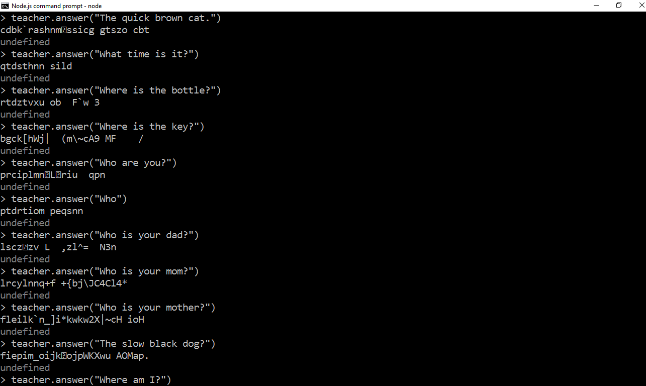 Archived terminal output: What time is it? returns the imperfect character string qtdsthnn siid, followed by other sentence trials.